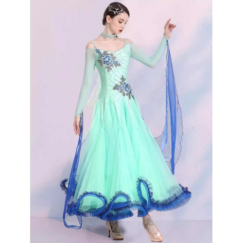 Mint hot pink competition ballroom dance dresses for women girls float sleeves Embroidered flowers waltz tango foxtrot smooth dance long gown for female
